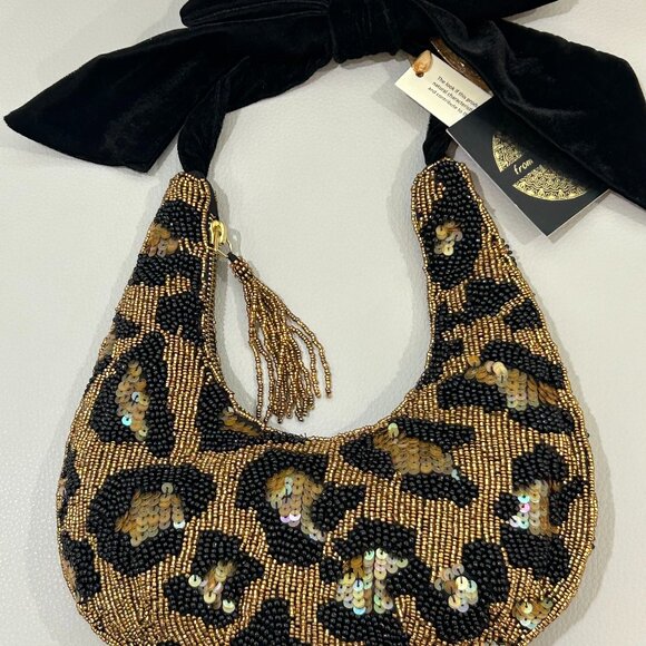 Handmade India Tik Tok Viral Beaded Sequin Leopard Handbag Velvet Bow Handle NWT - Picture 1 of 5